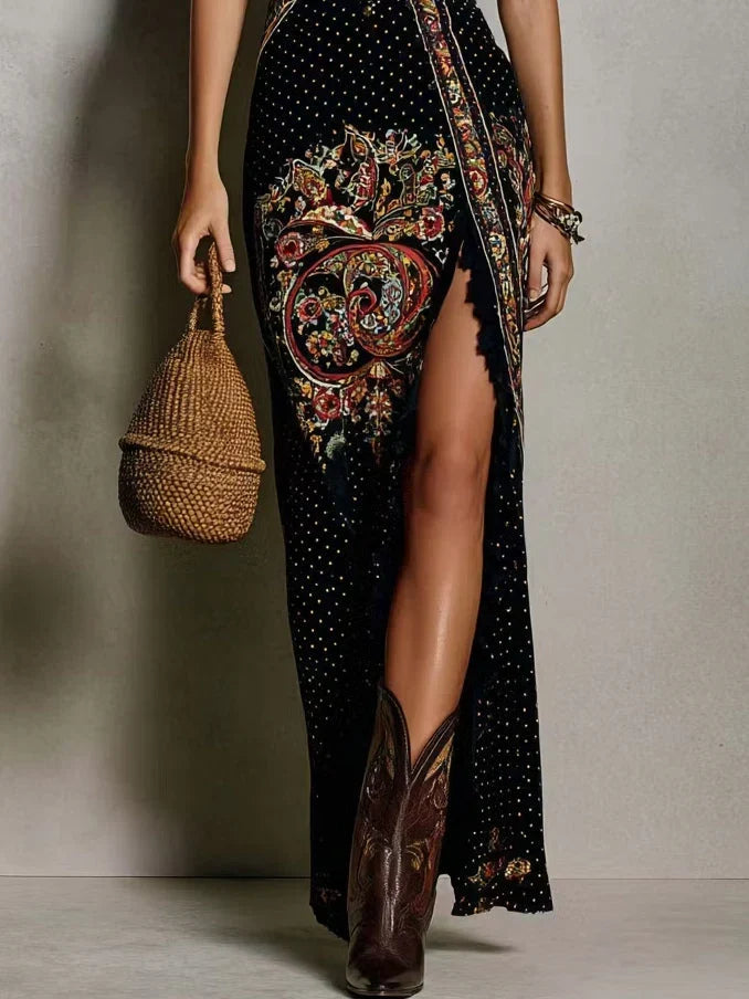 FIORA – Abito lungo vintage in stile boho con stampa etnica e spacco