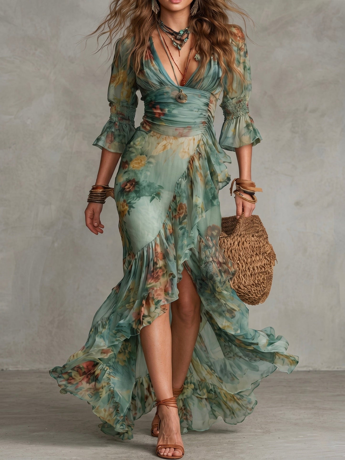 Lange grasgroene chiffon jurk met onregelmatige volants en opening