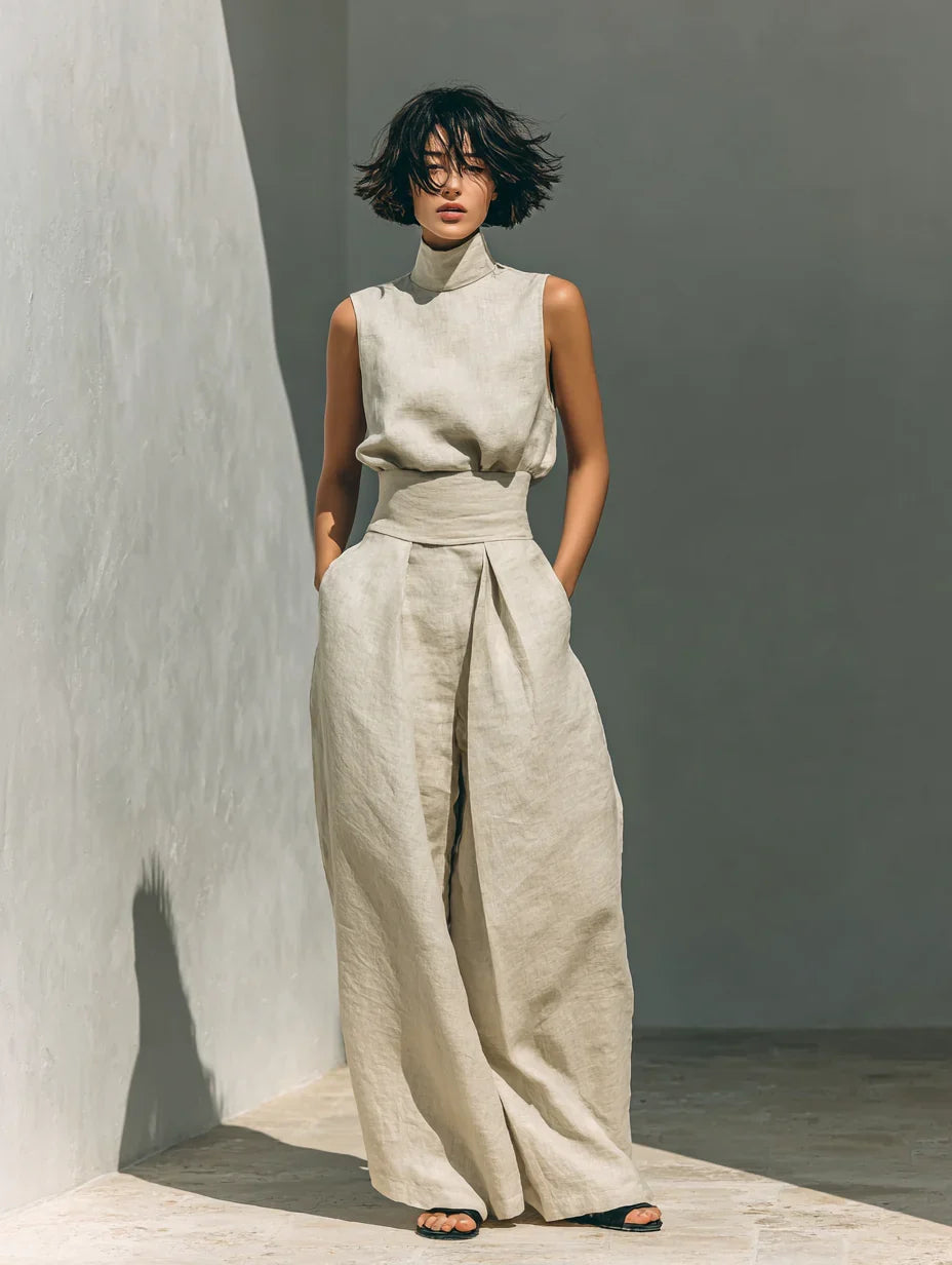 Maria™ | Completo con canotta e pantaloni a gamba larga in cotone e lino.