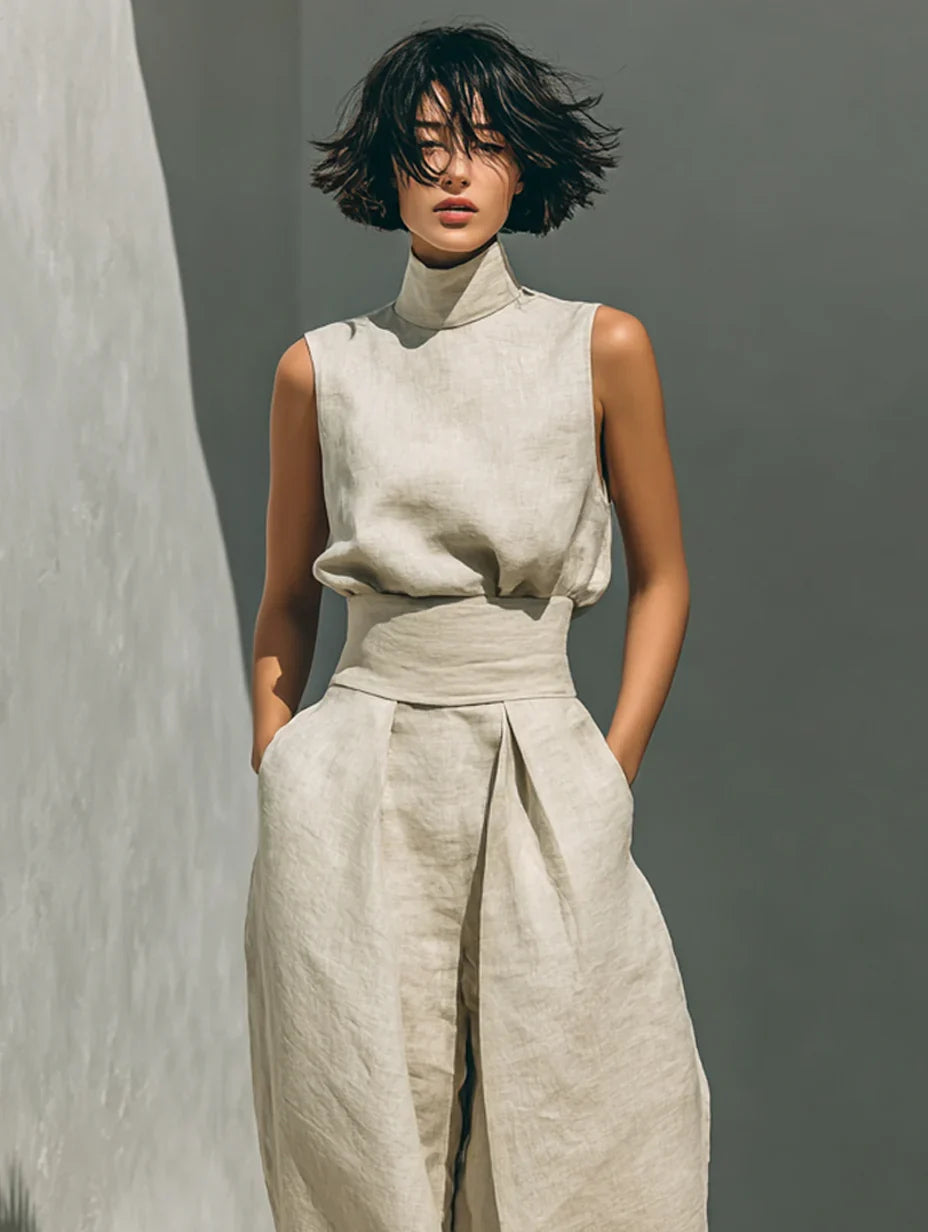 Maria™ | Completo con canotta e pantaloni a gamba larga in cotone e lino.