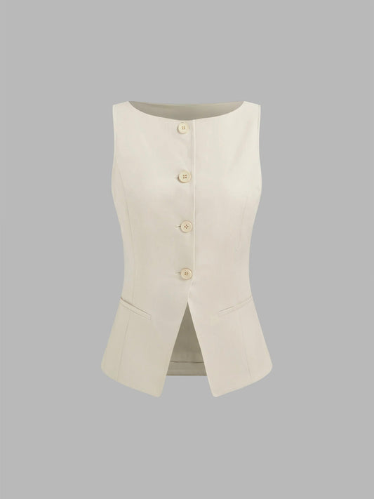 Gebreid knoopvest met bootneklijn, effen kleur