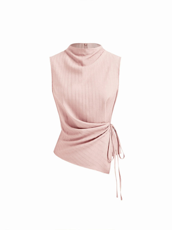 Top con spalline, collo alto, effetto arricciato e fiocco