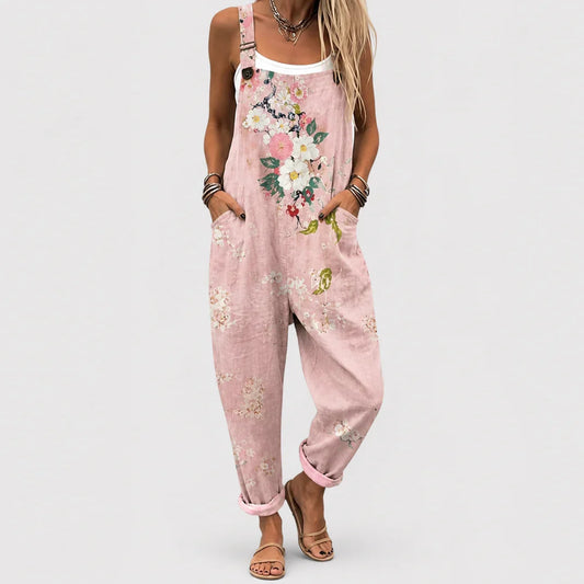Mjuka och bekväma blommiga hängselbyxor i rosa