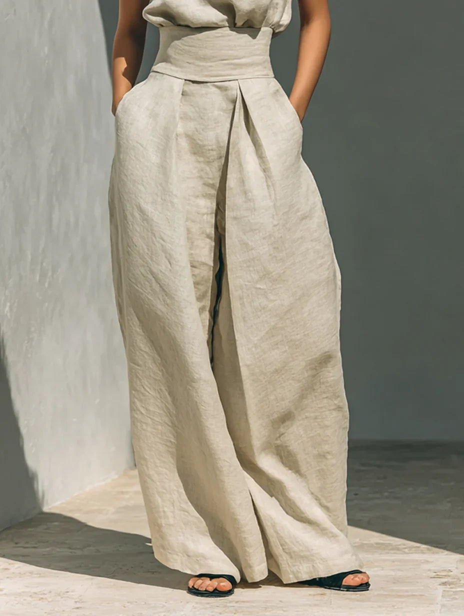 Maria™ | Completo con canotta e pantaloni a gamba larga in cotone e lino.