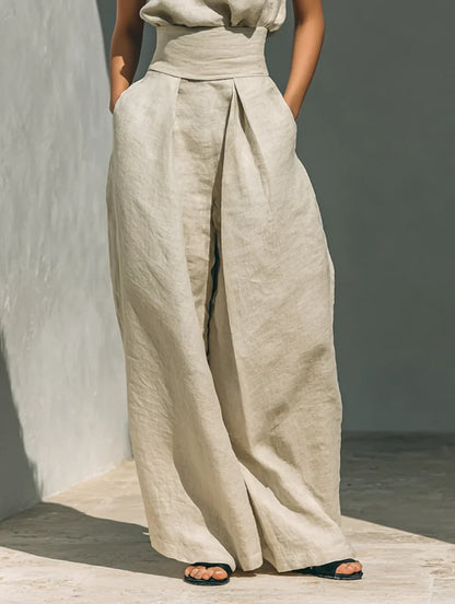 Maria™ | Completo con canotta e pantaloni a gamba larga in cotone e lino.