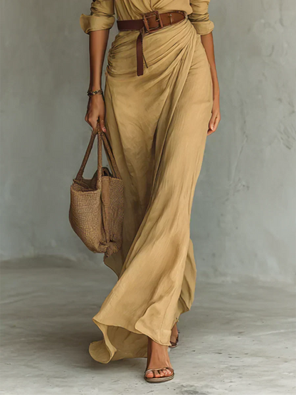 Camille™ | Lång klänning med överlappande delar och bälte i midjan