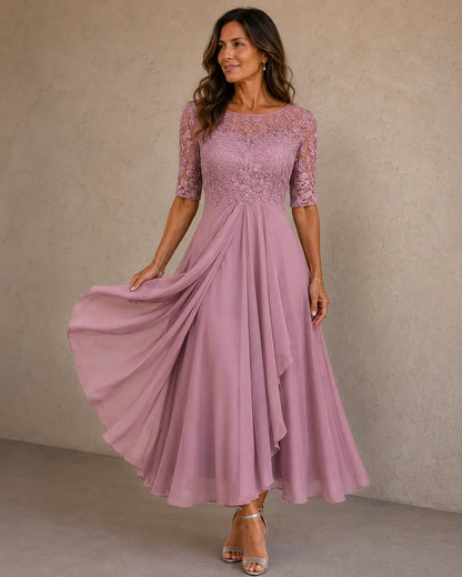 María | Elegante abito in pizzo e chiffon, prezzo di listino scontato