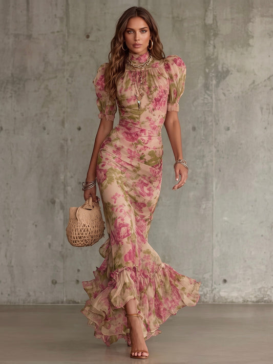 Fiona - Lange jurk met vintage rozenprint en pofmouwen