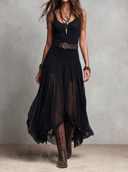 Lange elastische jurk in zwarte bohemien western-stijl met transparante rok