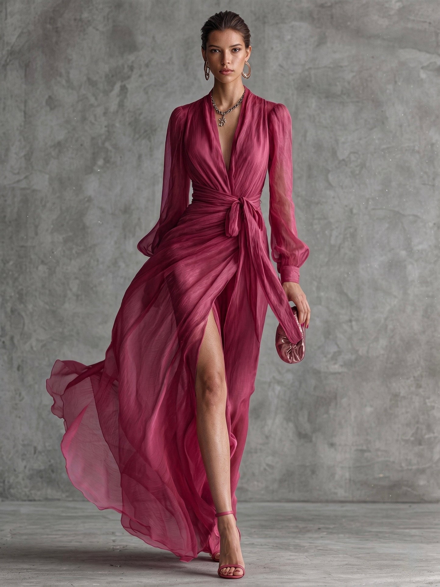 Elegante lange jurk voor dames in parelroze chiffon met V-hals en riem bij de taille.
