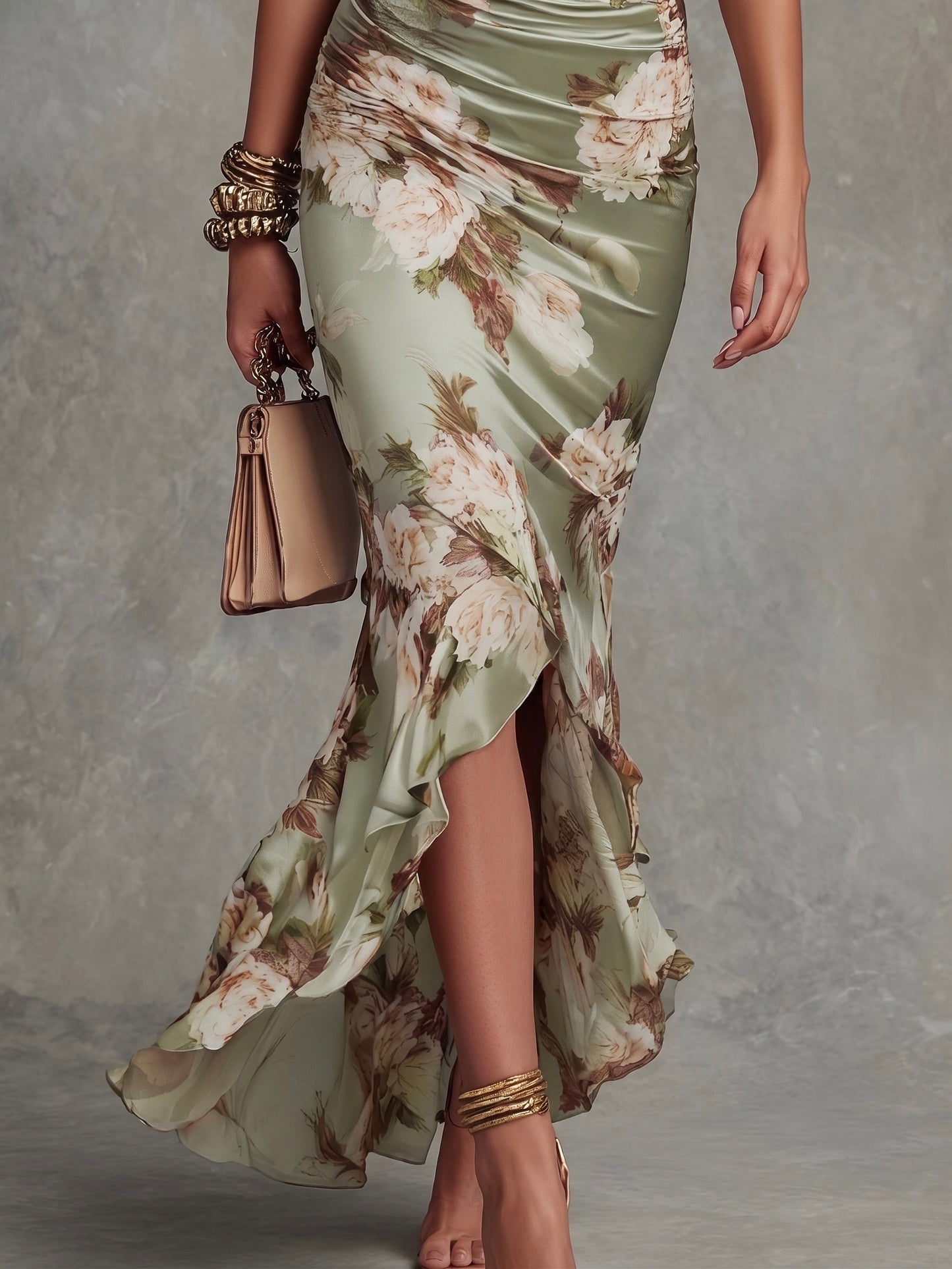 Anastasia | Lange satijnen jurk met bloemenprint
