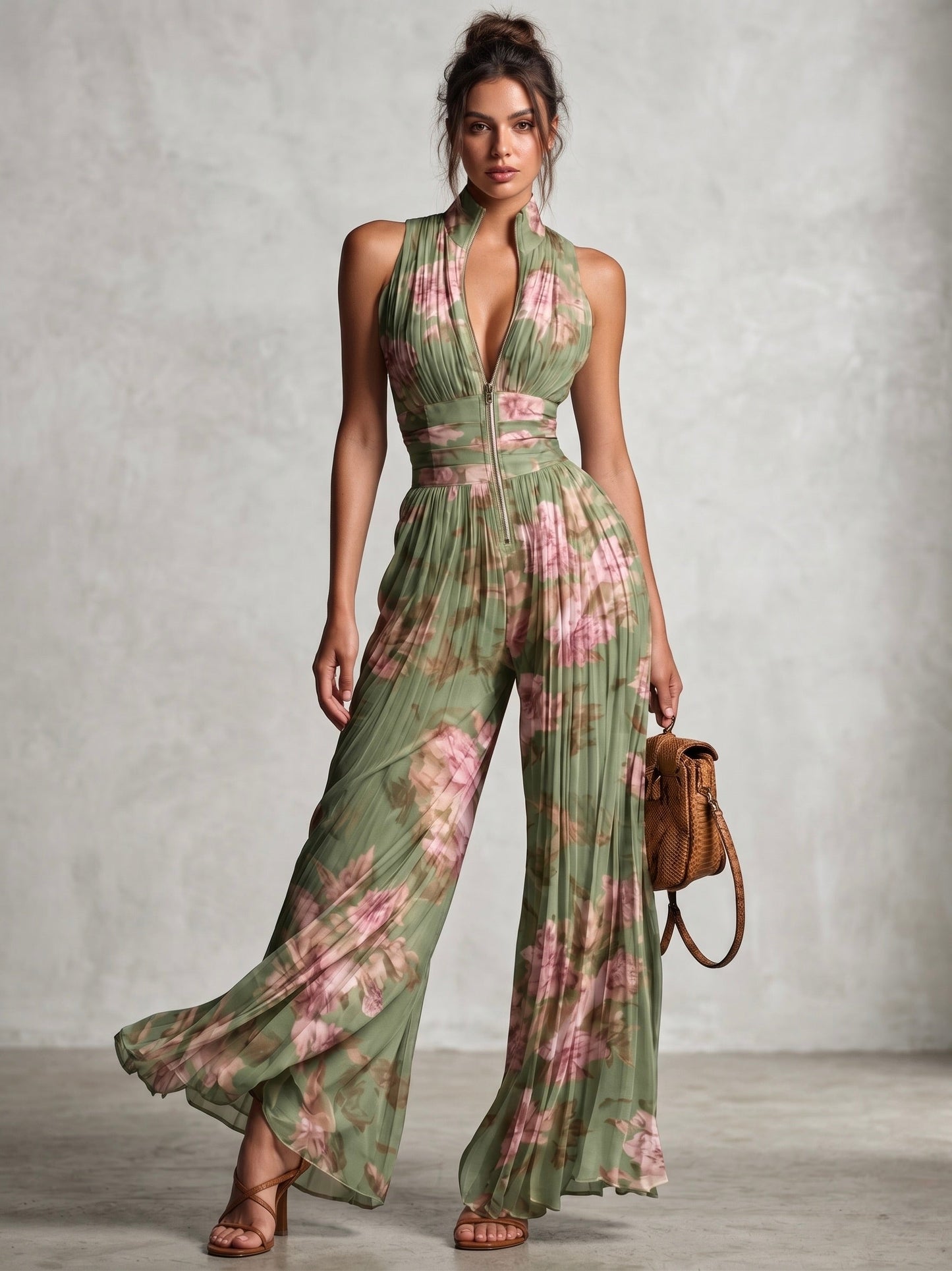 Groene chiffon jumpsuit met bloemenprint, V-hals, mouwloos, rits en wijde geplooide pijpen.