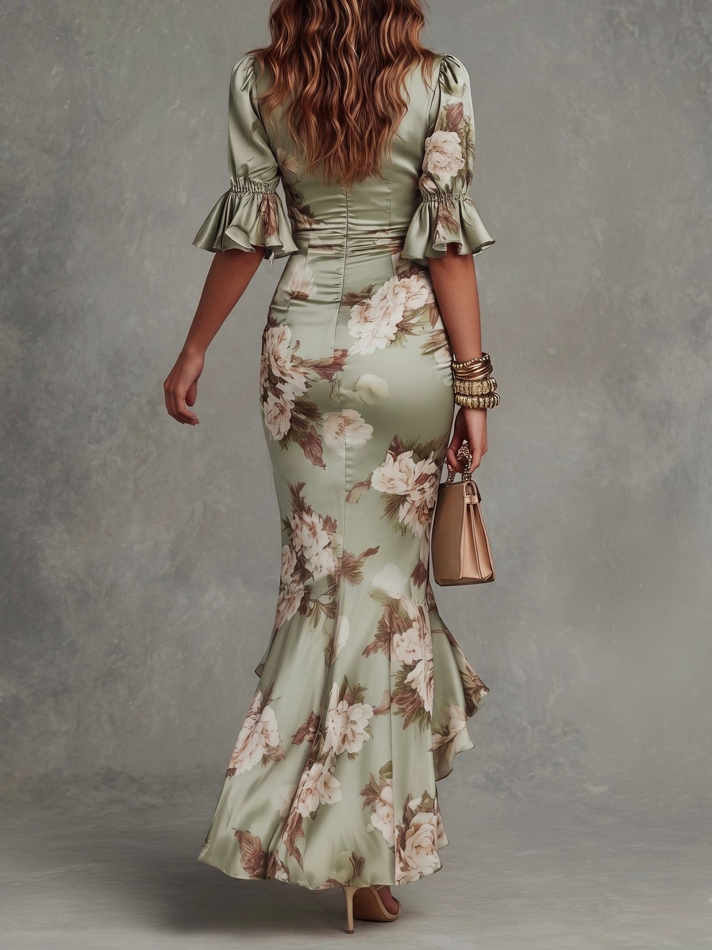 Anastasia | Lange satijnen jurk met bloemenprint