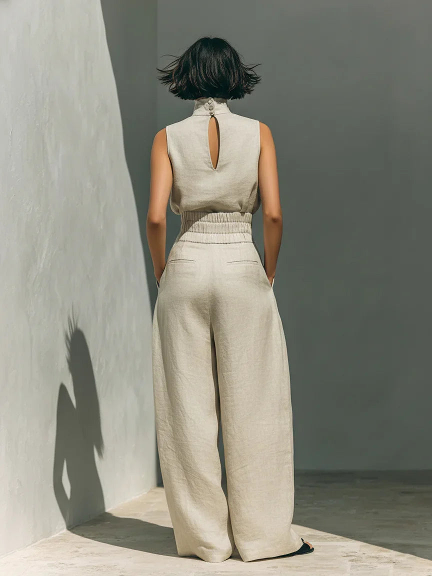 Maria™ | Completo con canotta e pantaloni a gamba larga in cotone e lino.