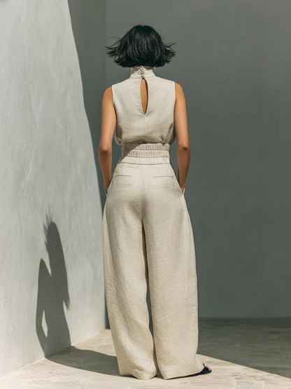 Maria™ | Completo con canotta e pantaloni a gamba larga in cotone e lino.