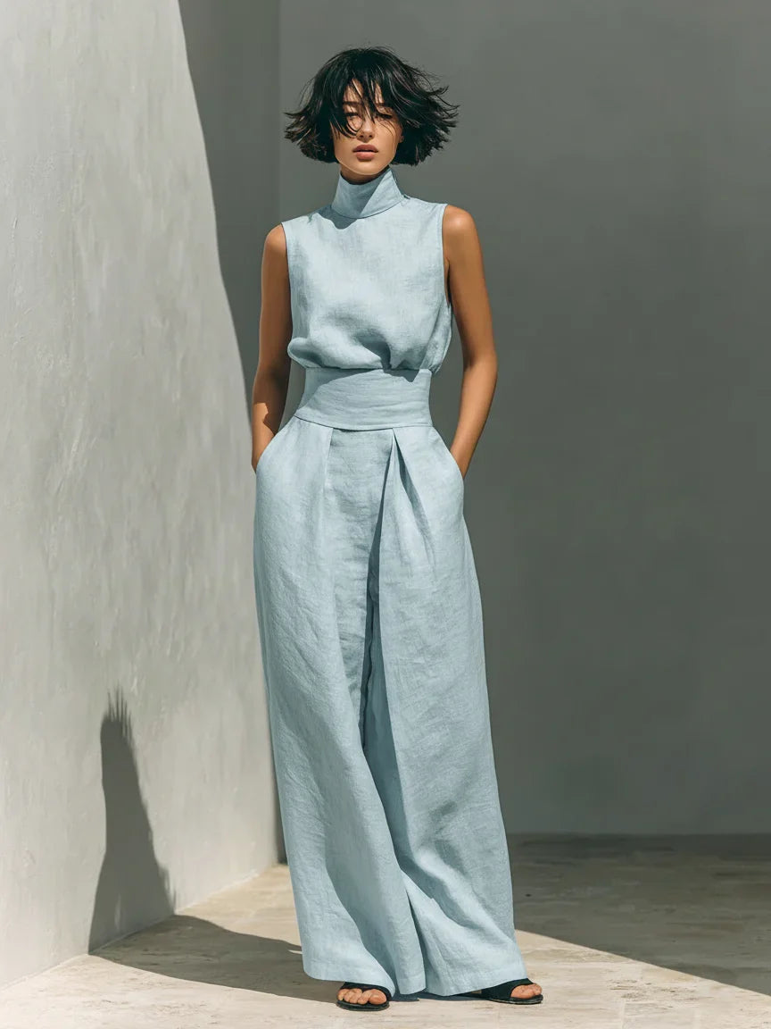 Maria™ | Completo con canotta e pantaloni a gamba larga in cotone e lino.