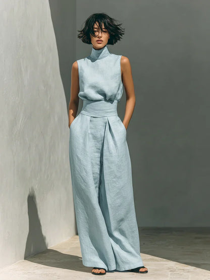 Maria™ | Completo con canotta e pantaloni a gamba larga in cotone e lino.
