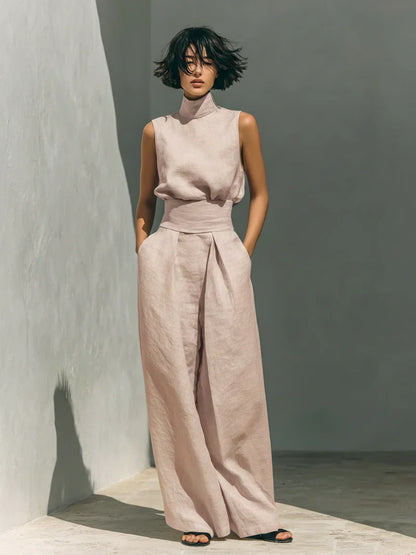 Maria™ | Completo con canotta e pantaloni a gamba larga in cotone e lino.