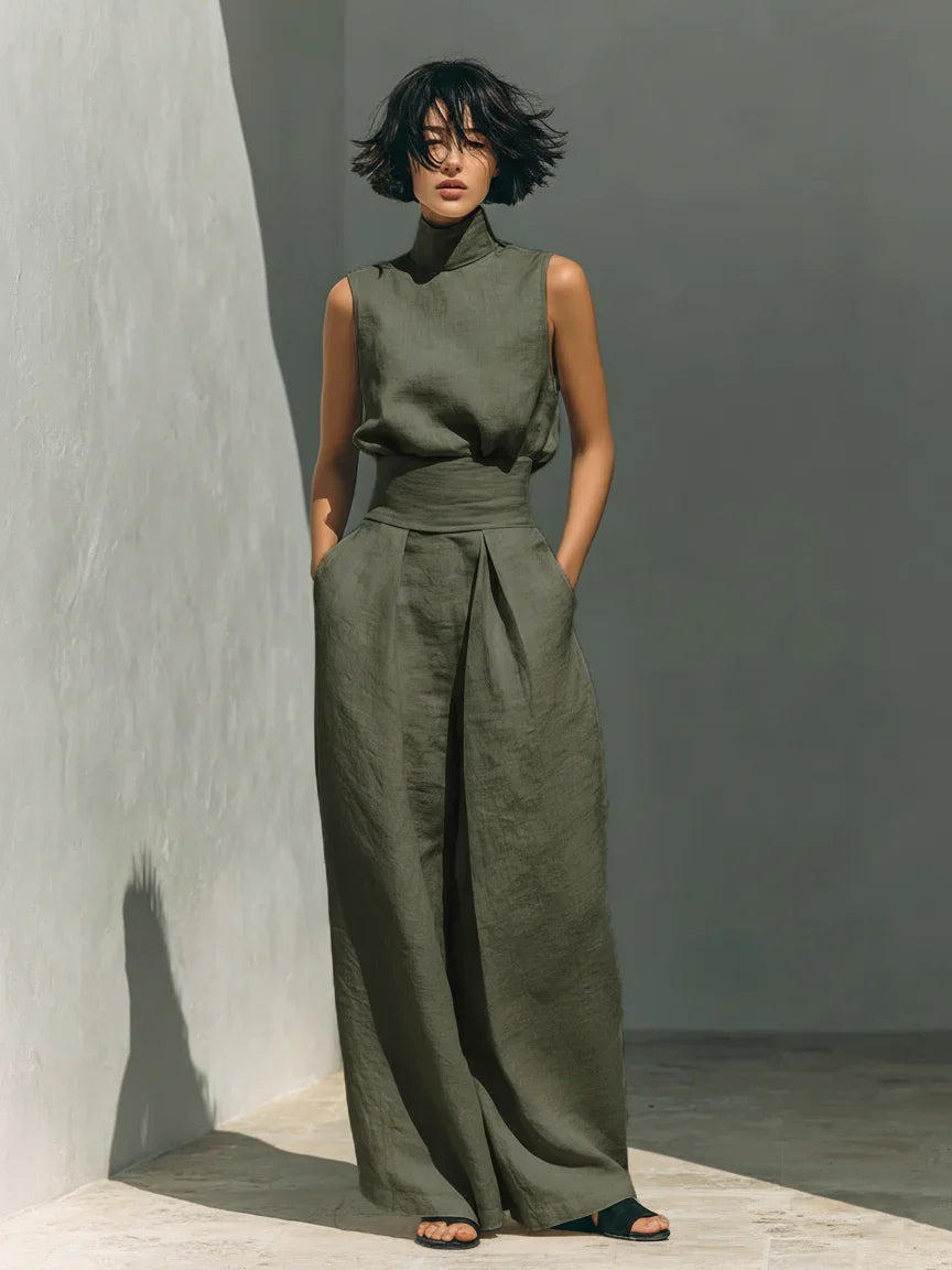 Maria™ | Completo con canotta e pantaloni a gamba larga in cotone e lino.