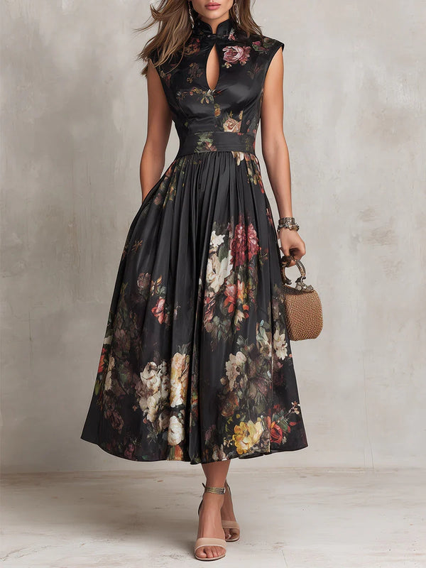 Violette™ | Abito midi nero in raso plissettato a fiori con scollo a goccia