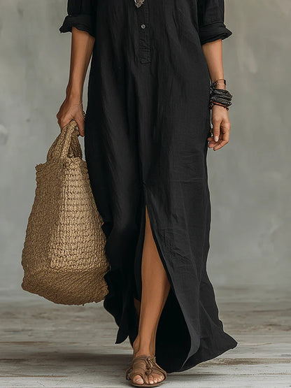 Soline™ | Abito maxi nero con bottoni