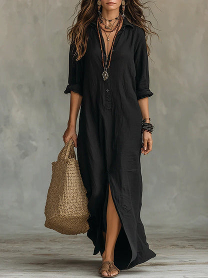 Soline™ | Abito maxi nero con bottoni