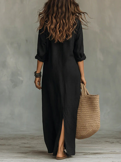 Soline™ | Abito maxi nero con bottoni