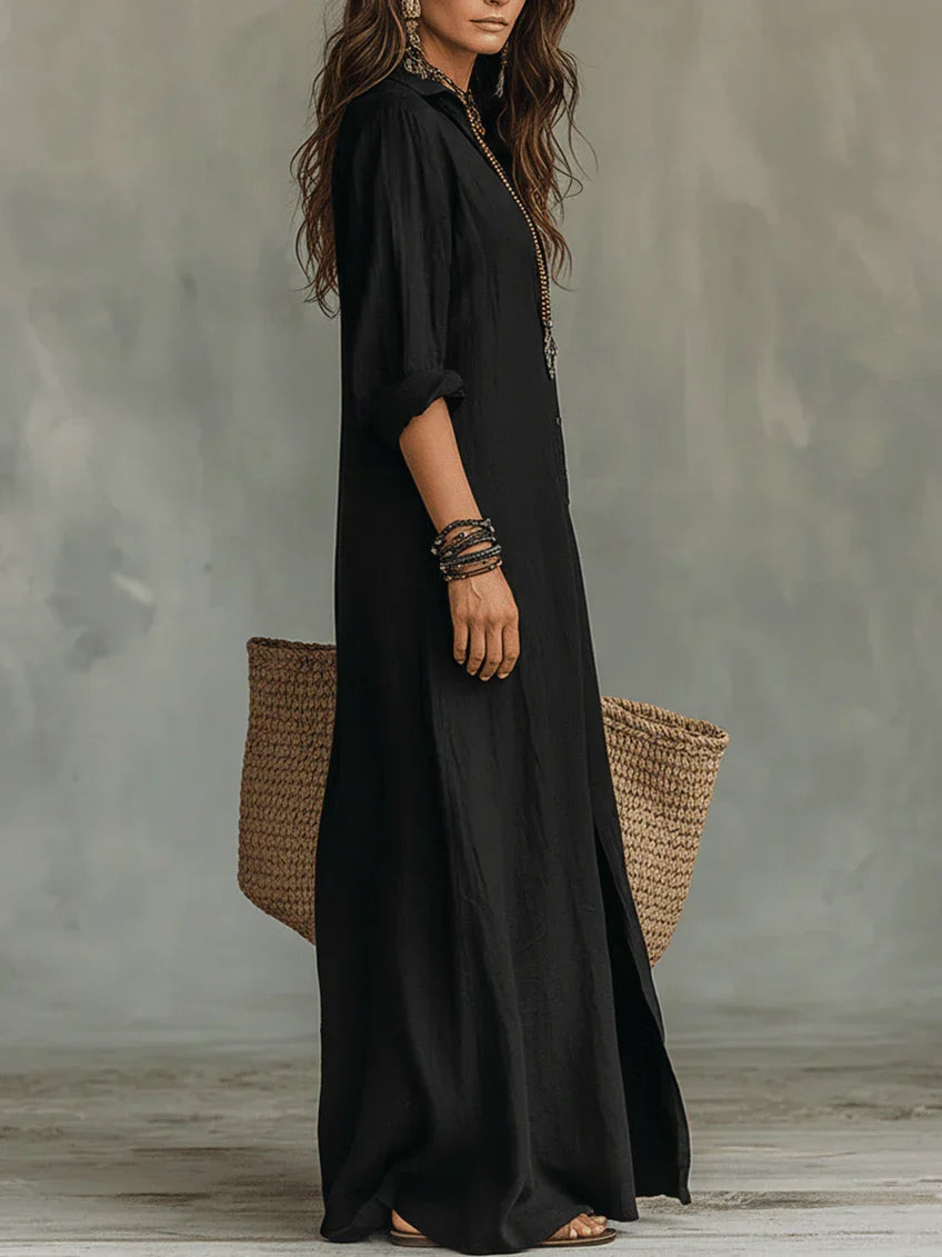 Soline™ | Abito maxi nero con bottoni