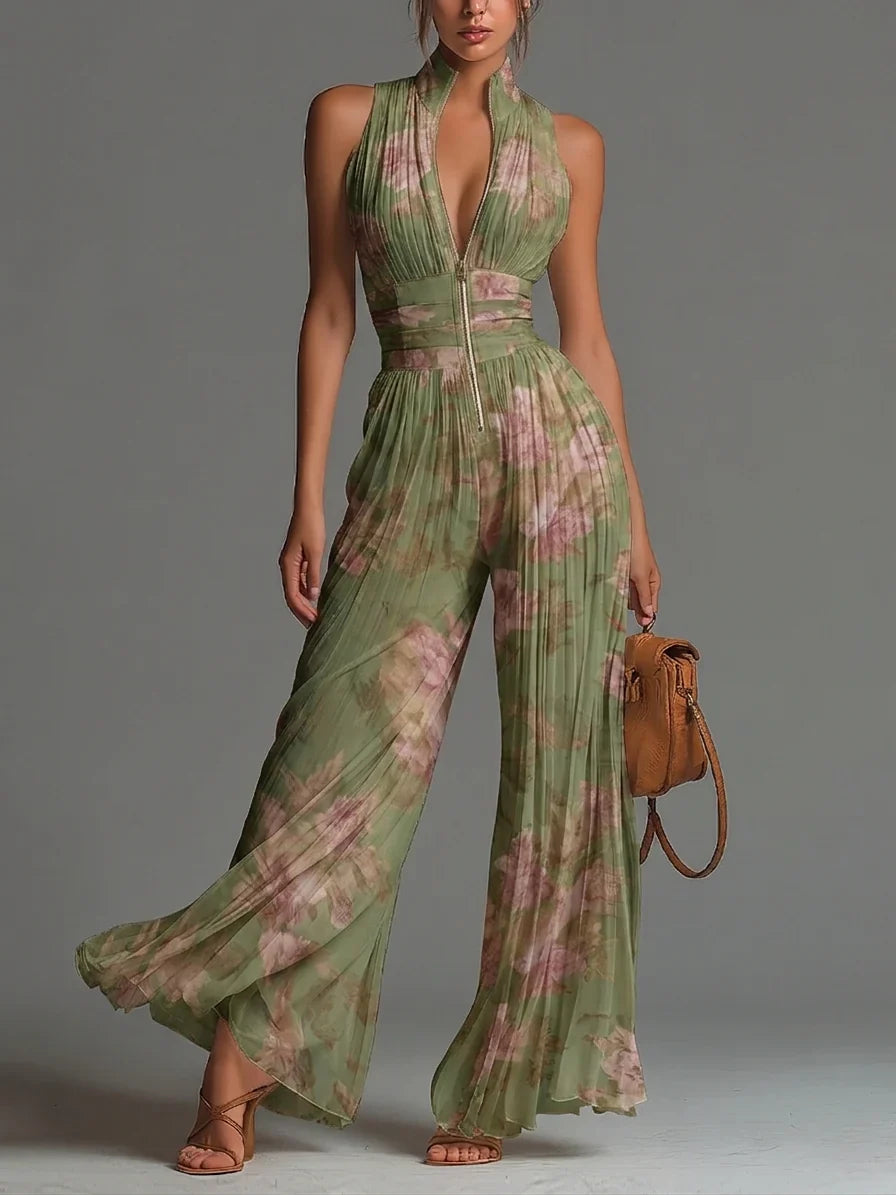 Charlotte™ | Flödande plisserad jumpsuit med gröna blommor