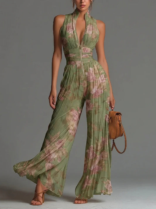Charlotte™ | Flödande plisserad jumpsuit med gröna blommor