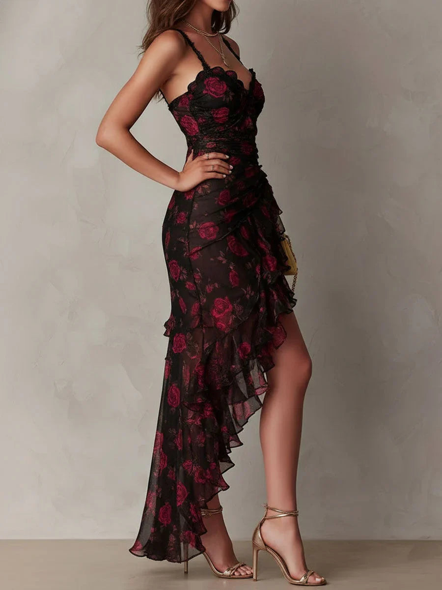 Edith | Abito corto drappeggiato a fiori nero e rosso con bordo a volant in fondo